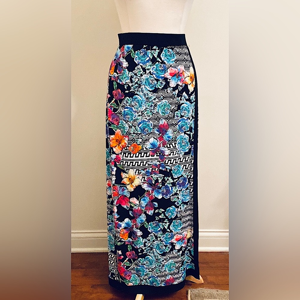 ECI New York Black Blue Bohemian Dark Floral XS Gothic Romance Gypsy Maxi Skirt